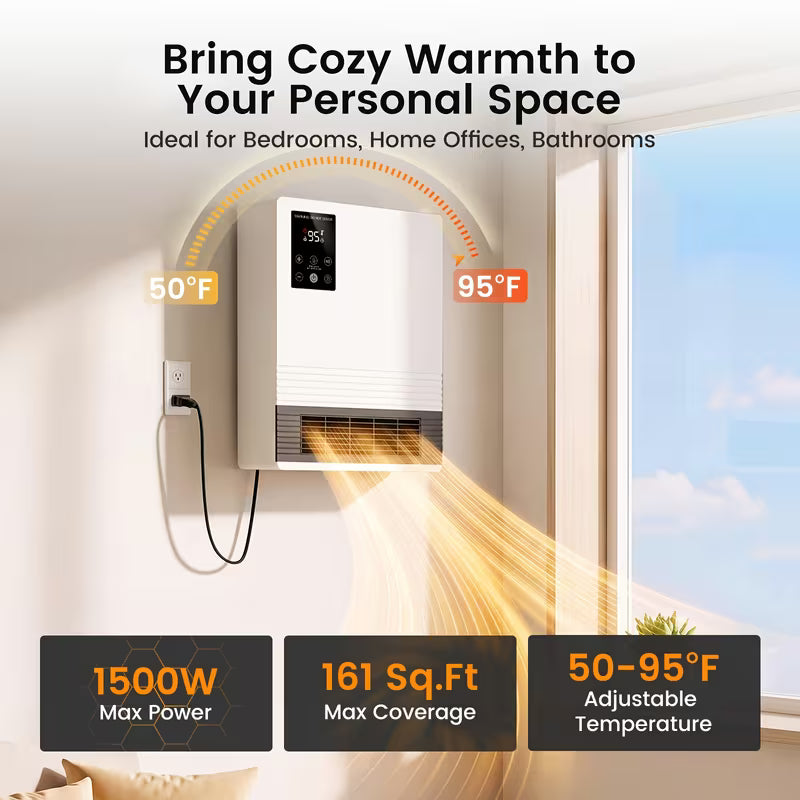 Wall-Mounted Space Heater with Thermostat and Remote Control